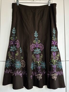 Sunny Leigh Embroidered Skirt Size 12 Brown Y2K A line Boho Mod Floral Retro